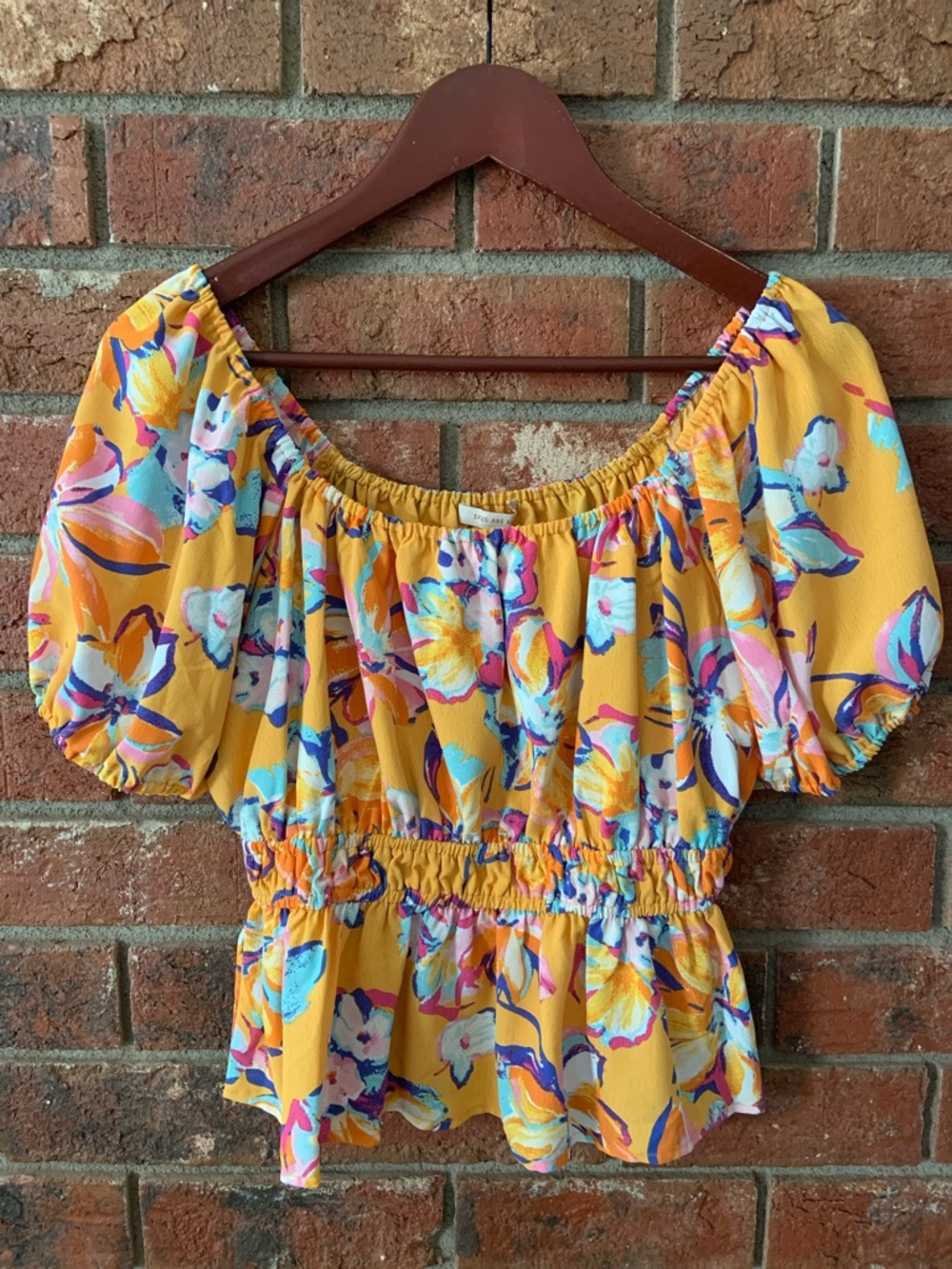 Skies are Blue Yellow Blue Floral Smocked Waist Top